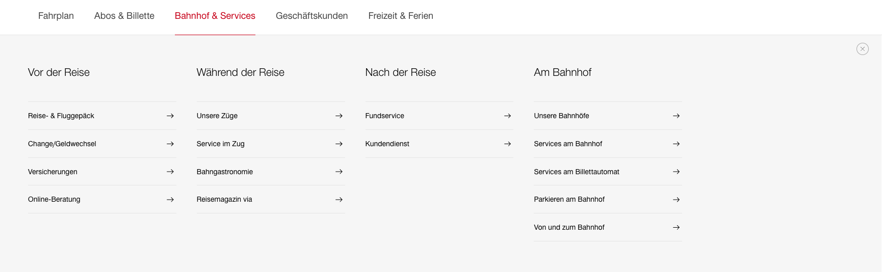 Das Megadropdown der Website der Schweizer Bahn (SBB)